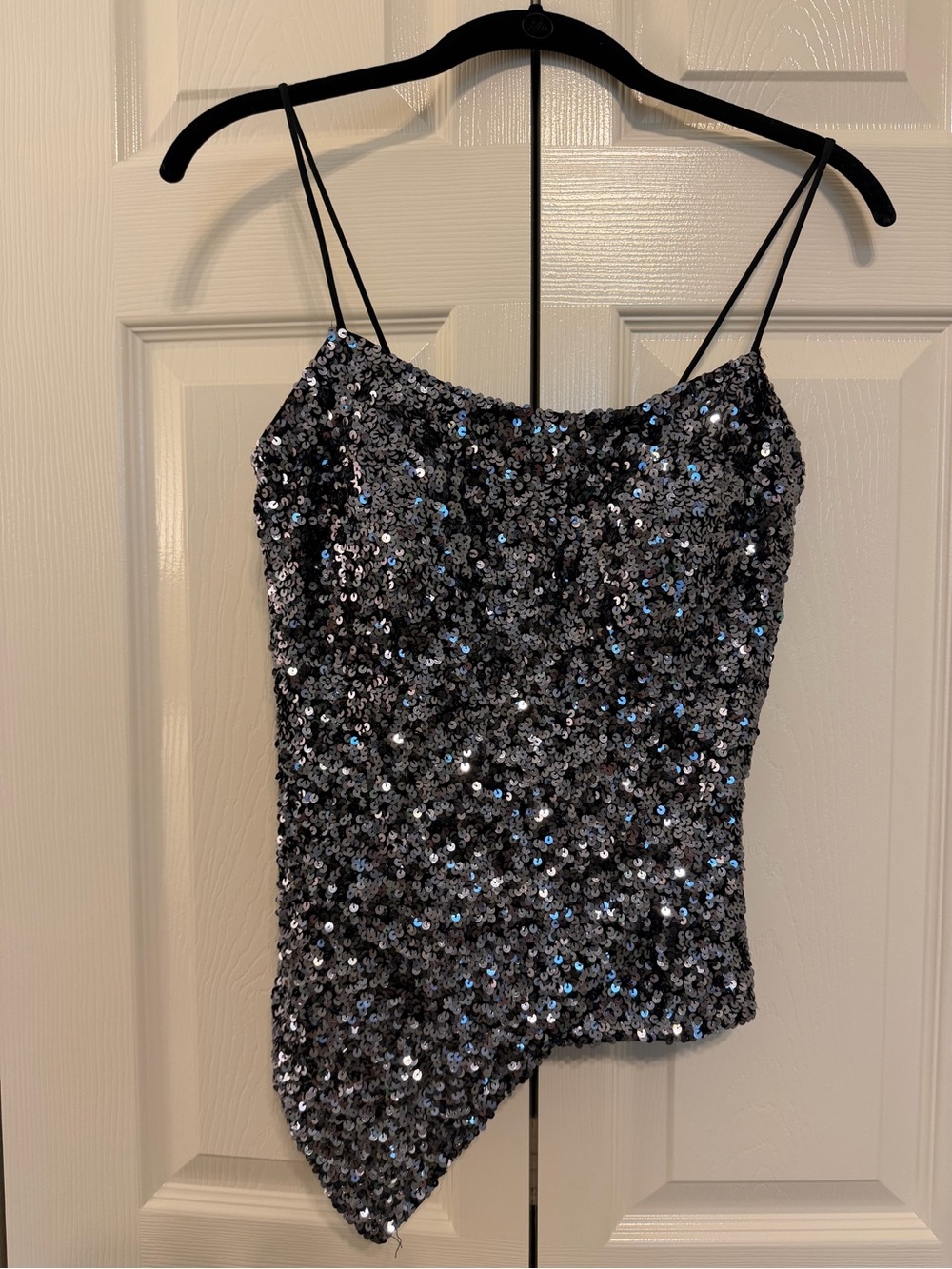 Cache Silver Sequin Asymmetric Cami
